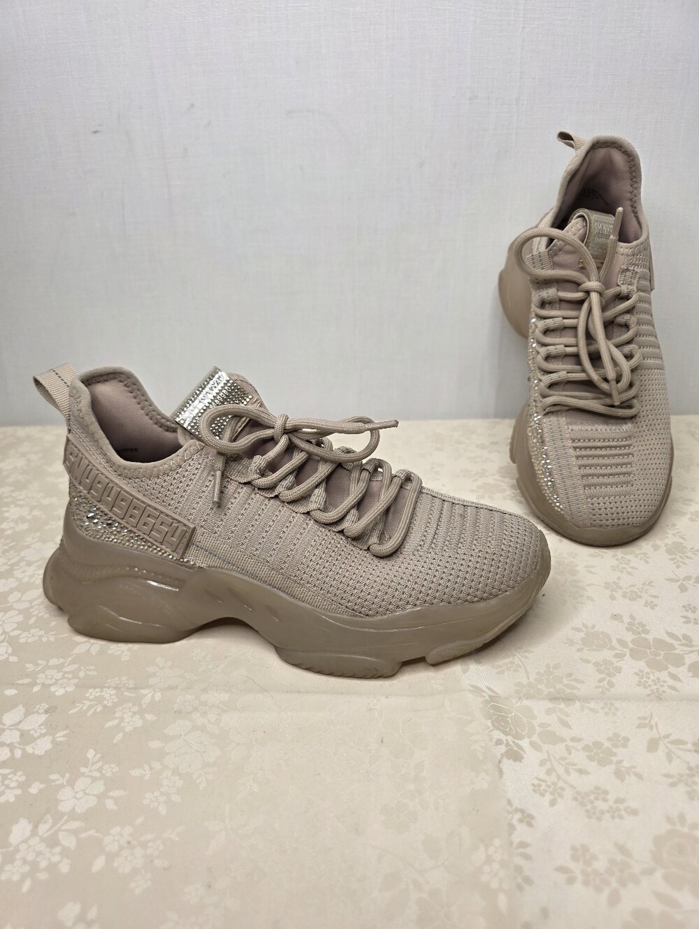 Steve Madden Maxima Rhinestone Sneakers Blush Tan Monochromatic Chunky 7.5M